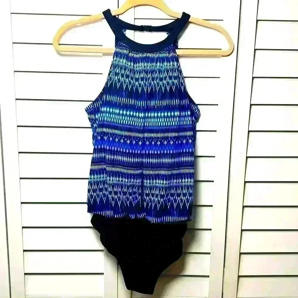 Profile by Gottex High Neck Indigo Girl One Piece Swimsuit Size 12